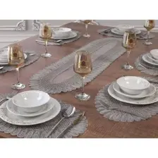 Tropik Home Amerikan Servis Supla ve Runner Seti 12 Kişilik Set Nakışlı Vivien Gri 13 Parça Masa Sunum Takımı
