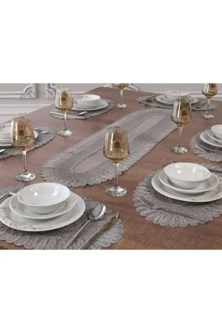 Tropik Home Amerikan Servis Supla ve Runner Seti 12 Kişilik Set Nakışlı Vivien Gri 13 Parça Masa Sunum Takımı