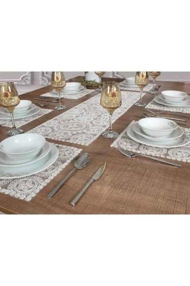 Tropik Home Tropikhome Amerikan Servis Supla ve Runner Seti 6 Kişilik Set Victoria Kırık Beyaz