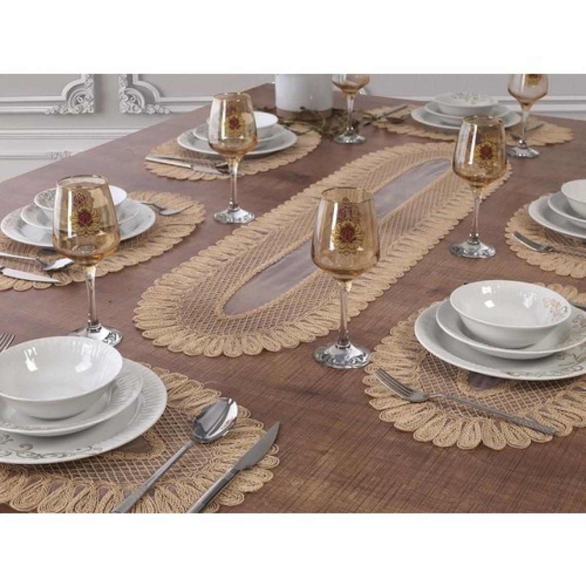 Tropik Home Amerikan Servis Supla ve Runner Seti 6 Kişilik Set Nakışlı Vivien Bej 7 Parça Masa ve Sunum Takımı