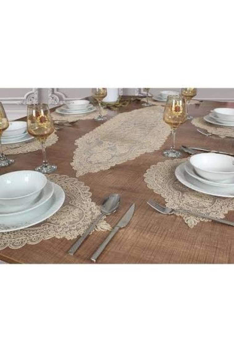 Tropik Home Tropikhome Amerikan Servis Supla ve Runner Seti 6 Kişilik Set Valonia Bej 7 Parça
