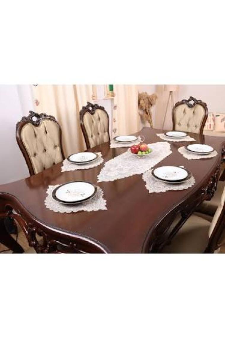 Tropik Home Tropikhome Amerikan Servis Supla ve Runner Seti 6 Kişilik Set Valonia Bej 7 Parça