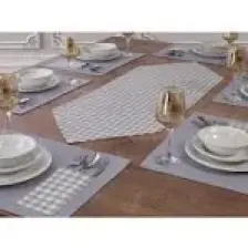 Tropik Home Amerikan Servis Pamuklu Supla ve Runner Seti 6 Kişilik Gri Ekose Desen Masa ve Sunum Takımı