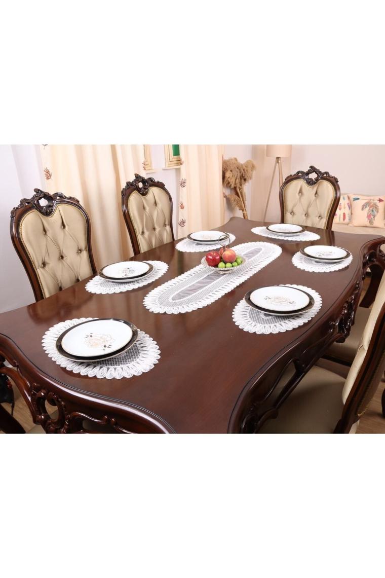 Tropik Home Amerikan Servis Supla ve Runner Seti 6 Kişilik Nakışlı Vivien Kırık Beyaz 7 Parça Masa Sunum Takımı
