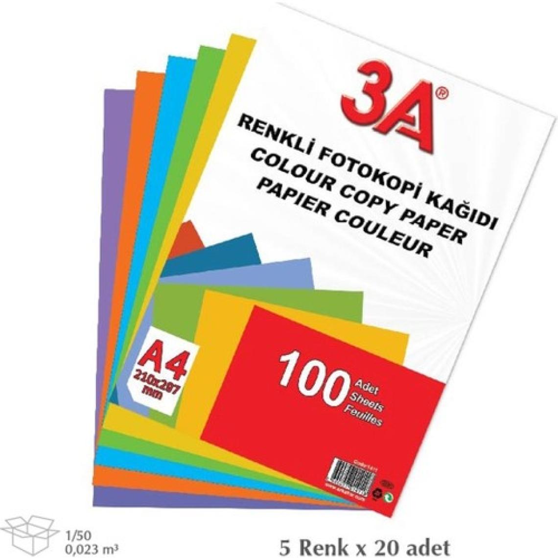 Tekreyonda 3A Renkli Fotokopi Kağıdı A4 Boyutunda 5 Renk 100 Adet Kağıt