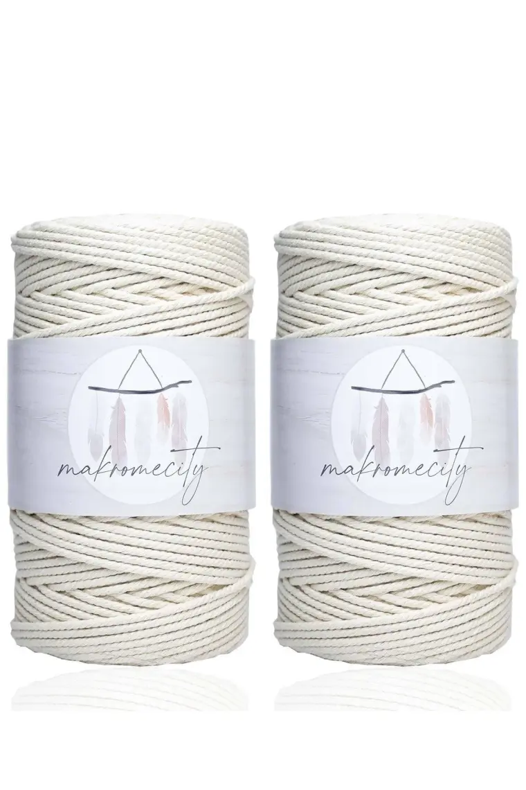Makromecity 3 Büküm Pamuk Makrome İpi 3 mm  Taranan Makrome Halat İp 500 gr Ekru