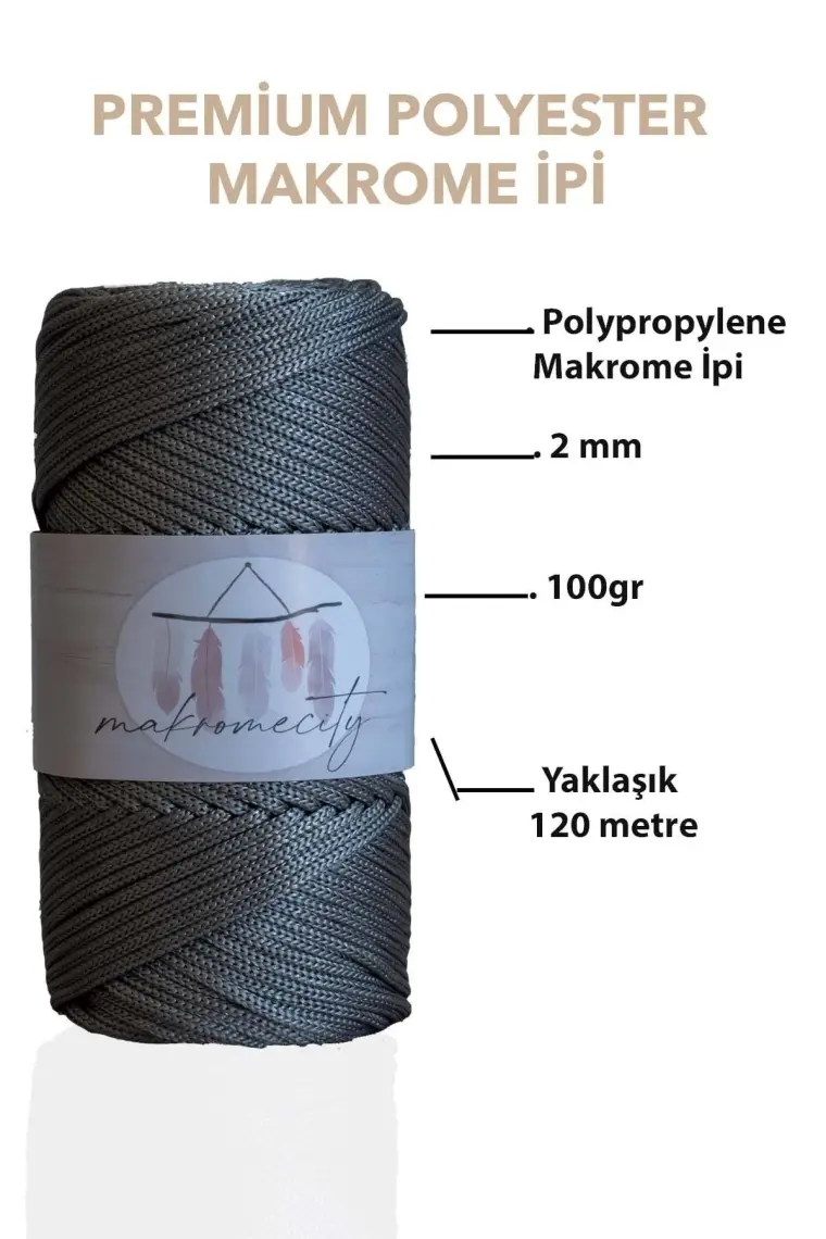 Premium 100 gr Polyester Makrome Ipi Antrasit 2mm - 120 M Supla Ip ve Çanta Ipliği