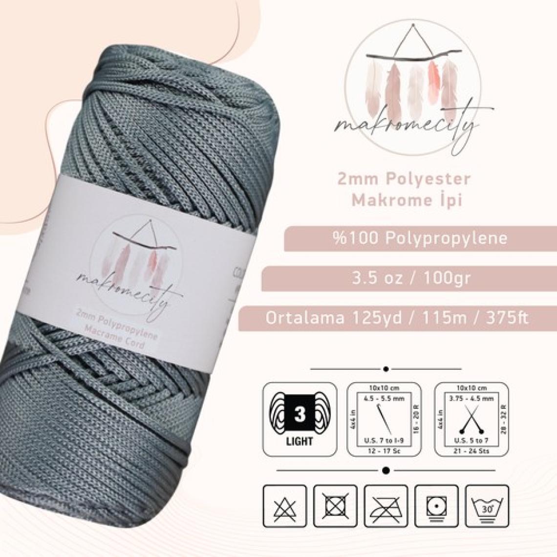 Premium 100 gr Polyester Makrome Ipi Gri 2mm - 120 M Supla Ip ve Çanta Ipliği