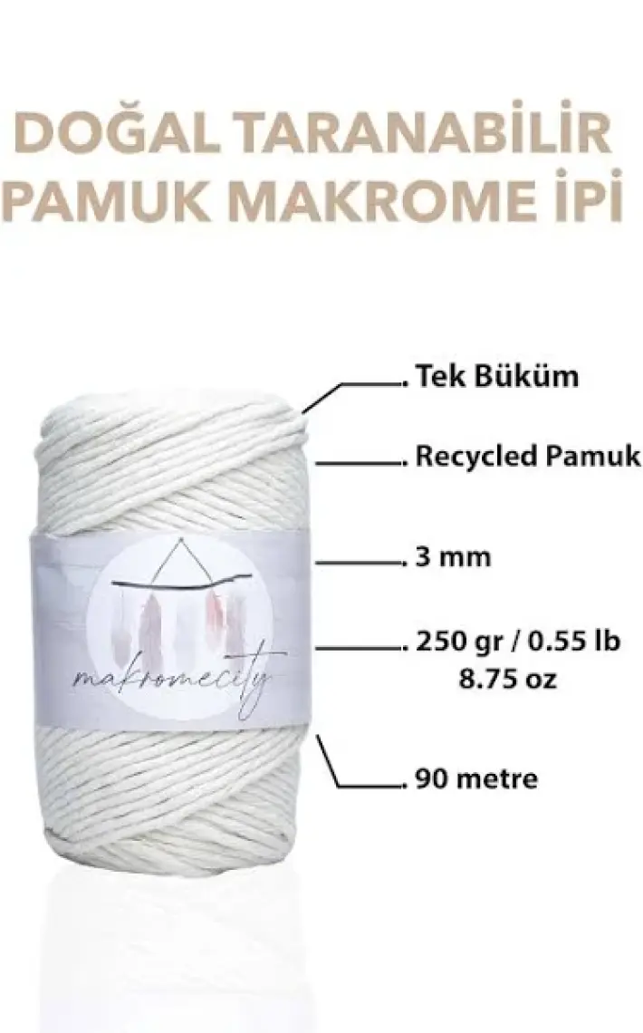 Makromecity Taranan Makrome Ipi 3mm Taranabilir Pamuk Makrome Ipi Makrame Ipi Ekru