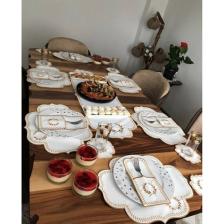Teksev Başak Krem Gold Amerikan Servis 6 Kişilik 19 Parça Runner Seti Nakışlı Deri Yemek Sunum Takımı