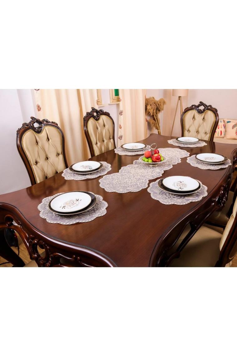 Amerikan Servis 12 Kişilik Supla Ve Runner Set Bej Renk 13 Parça Set Masa Ve Sunum Takımı