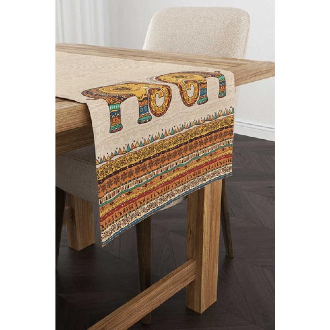 Cango Home Krem Etnik Fil Desenli Dijital Baskılı Runner -CGH1264-RN