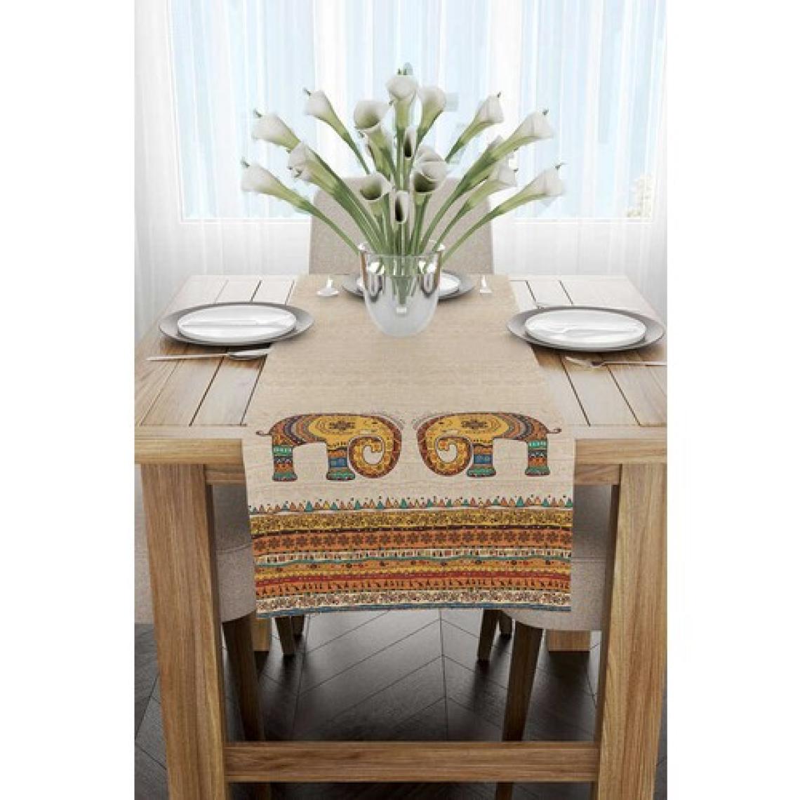 Cango Home Krem Etnik Fil Desenli Dijital Baskılı Runner -CGH1264-RN