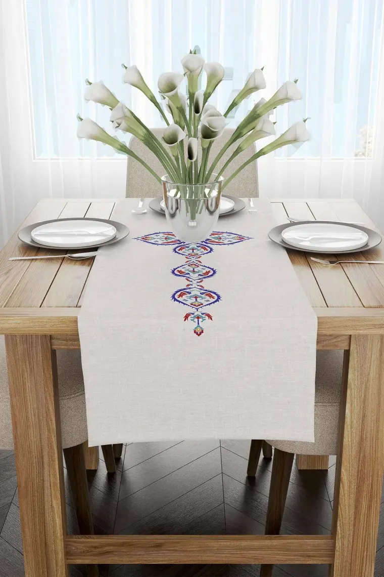 Cango Home Krem Mavi Etnik Çini Motif Desenli Dijital Baskılı Runner CGH1119-RN