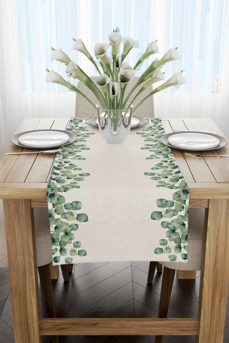 Cango Home Yeşil Krem Yaprak Desenli Dijital Baskılı Runner CGH1102-RN