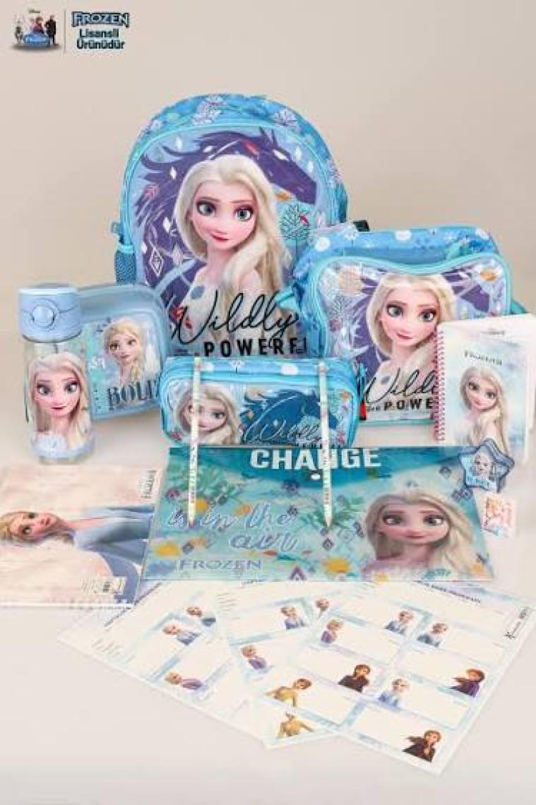 Elsa Dekomus Lisanslı "mavi Karlar Ülkesi Elsa Frozen Koleksiyonu "anaokul ,beslenme ve Kalem Çantası,matara,beslenme Kabı Ile Full Okul/kırtasiye Seti
