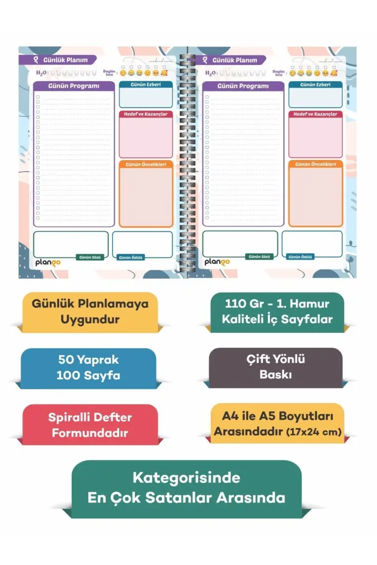 Plango Günlük Planlayıcı Defter - 1 Adet, Siyah ve Gri, 17x24 cm, Renkli Tasarımlı, Sert Kapak