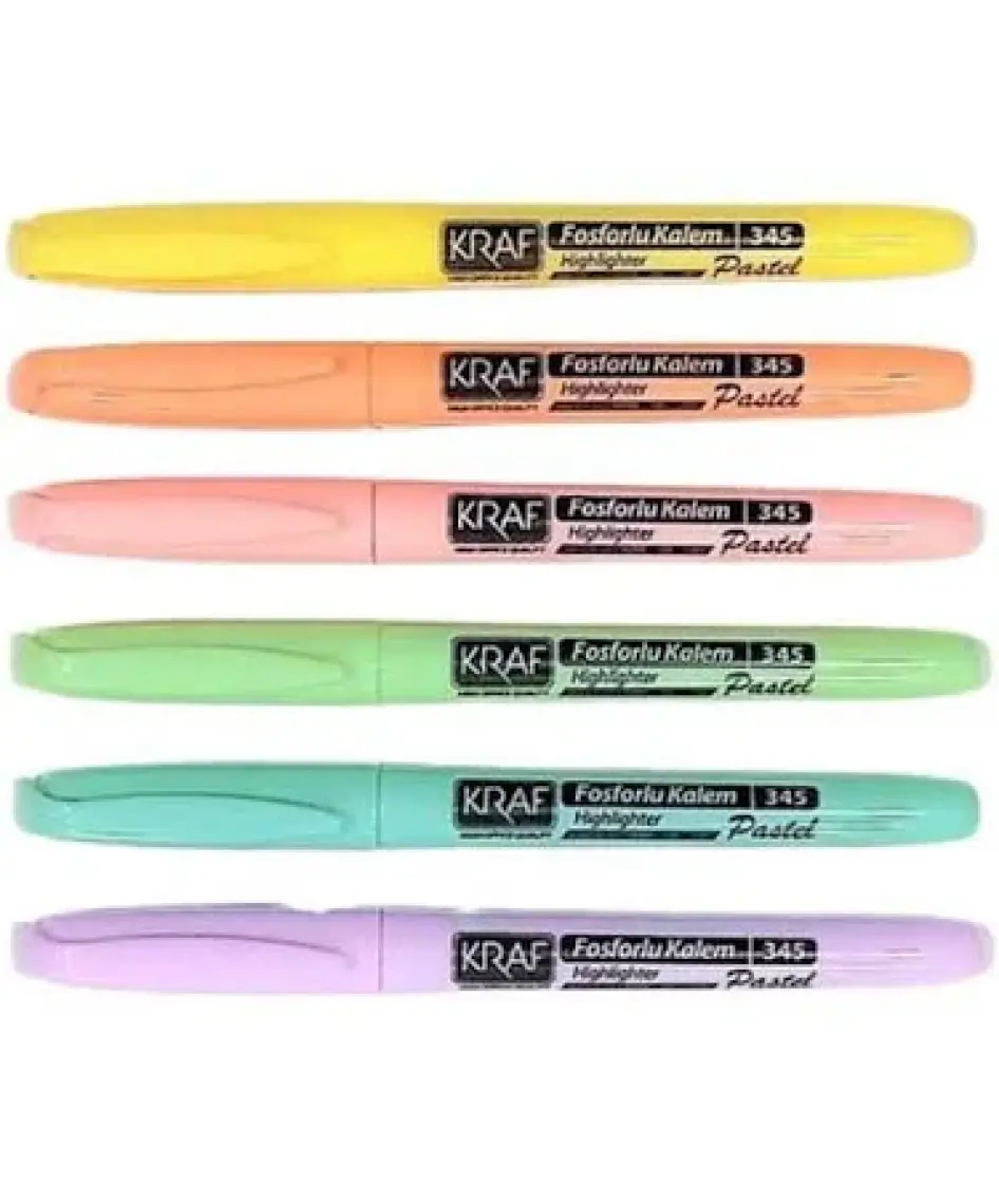Kraf 6'lı Fosforlu Kalem Seti - Pastel Renkler, 1-4 mm Uç Kalınlığı, Ergonomik Tasarım, Desenli Kesik Uç