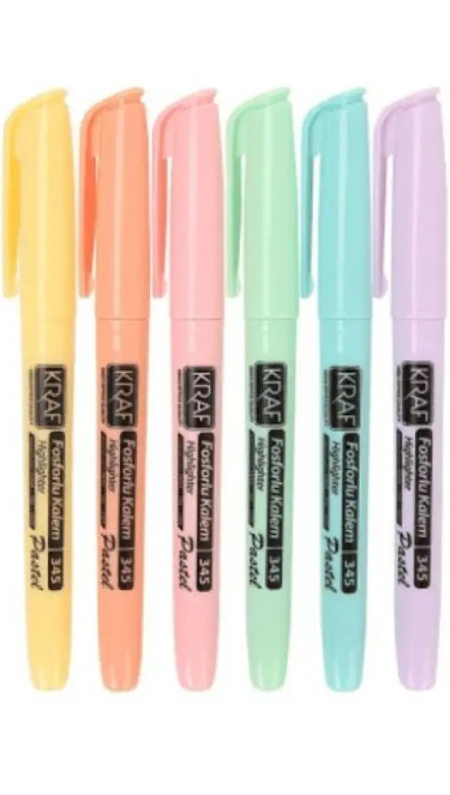 Kraf 6'lı Fosforlu Kalem Seti - Pastel Renkler, 1-4 mm Uç Kalınlığı, Ergonomik Tasarım, Desenli Kesik Uç