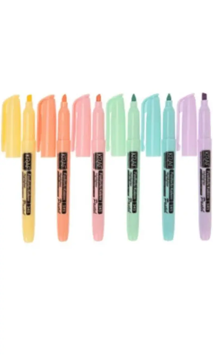 Kraf 6'lı Fosforlu Kalem Seti - Pastel Renkler, 1-4 mm Uç Kalınlığı, Ergonomik Tasarım, Desenli Kesik Uç