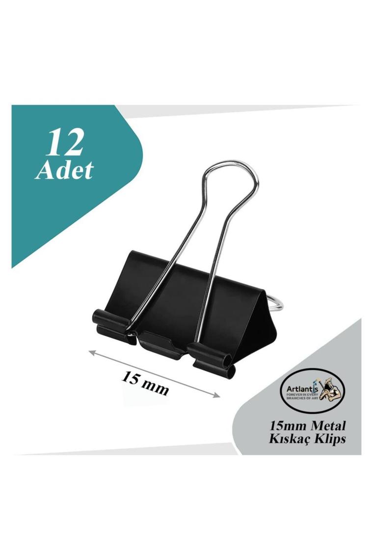 Artlantis Çelik Kıskaç Klips 15 mm 12 Adet 1 Paket Metal Mandal Binder Clips Kıska 30 Sayfa Kapasiteli Çok Amaçlı Kullanım