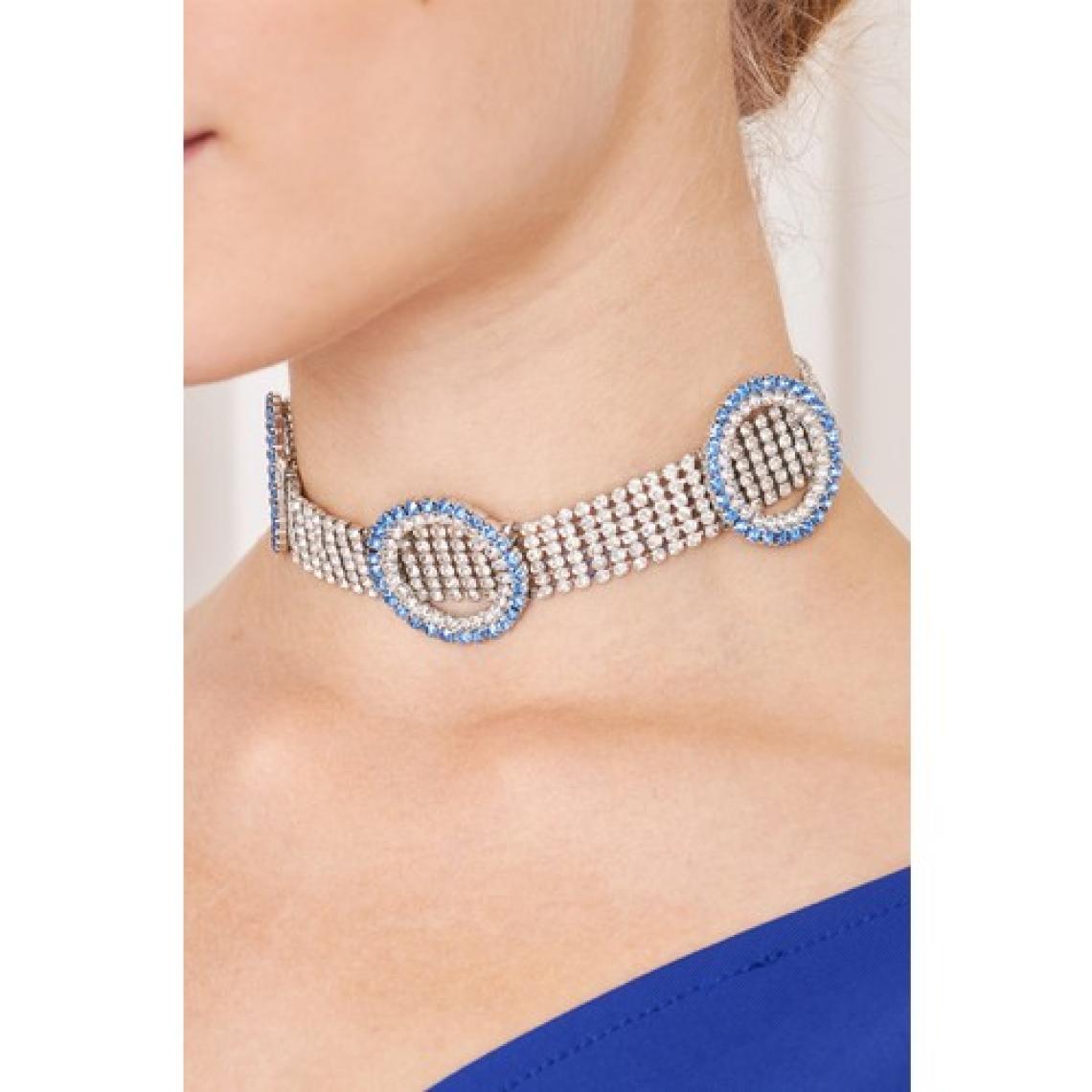 Furtek Aksesuar Kadın Opalo Model Mavi Beyaz Geniş Zirkon Taşlı Gümüş Kaplama Gerdanlık Tasma Choker Kombin Kolye