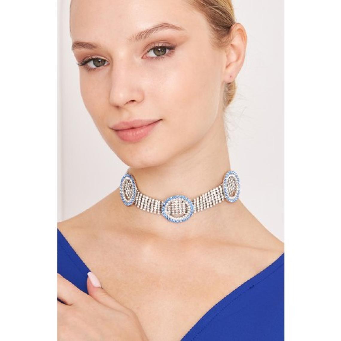 Furtek Aksesuar Kadın Opalo Model Mavi Beyaz Geniş Zirkon Taşlı Gümüş Kaplama Gerdanlık Tasma Choker Kombin Kolye