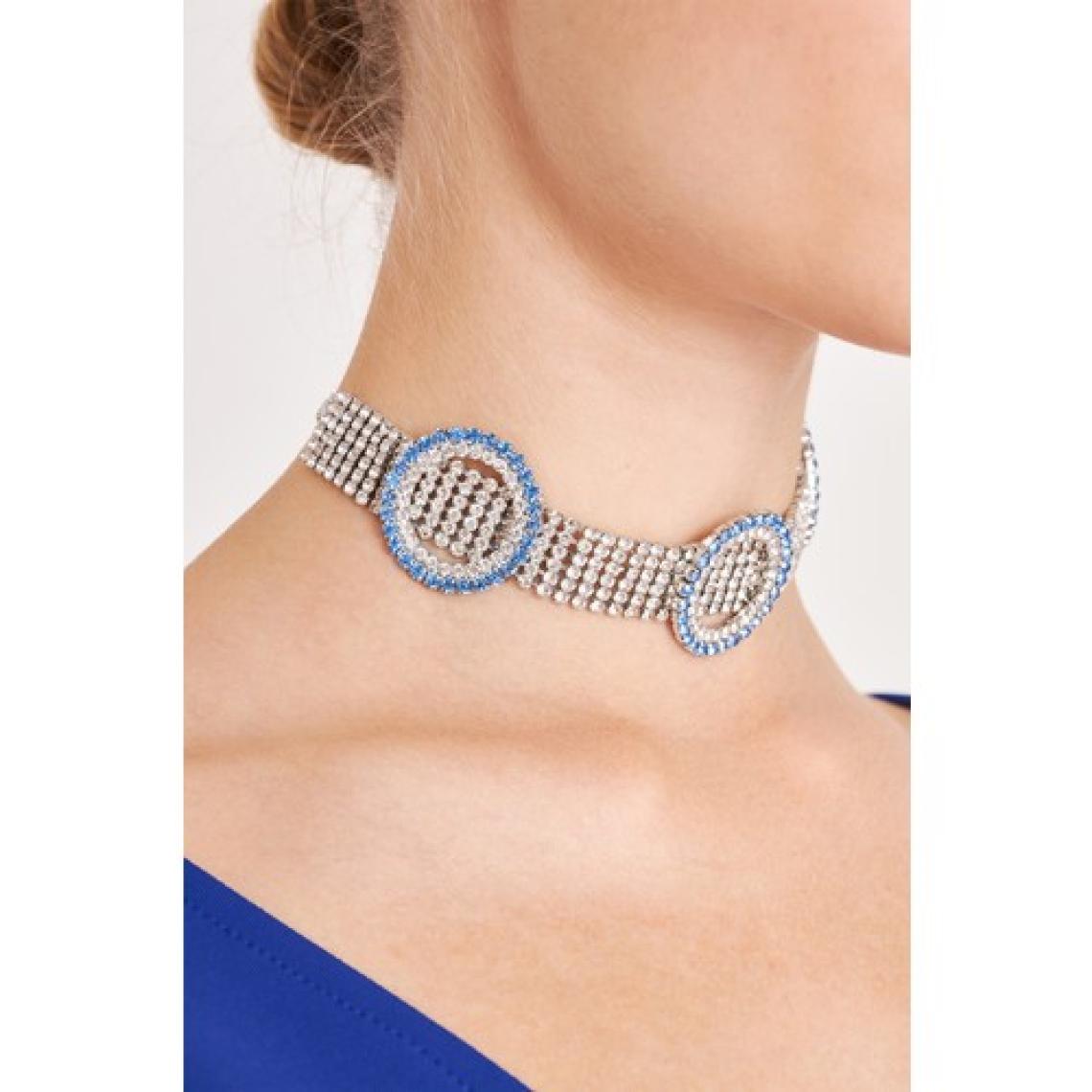 Furtek Aksesuar Kadın Opalo Model Mavi Beyaz Geniş Zirkon Taşlı Gümüş Kaplama Gerdanlık Tasma Choker Kombin Kolye