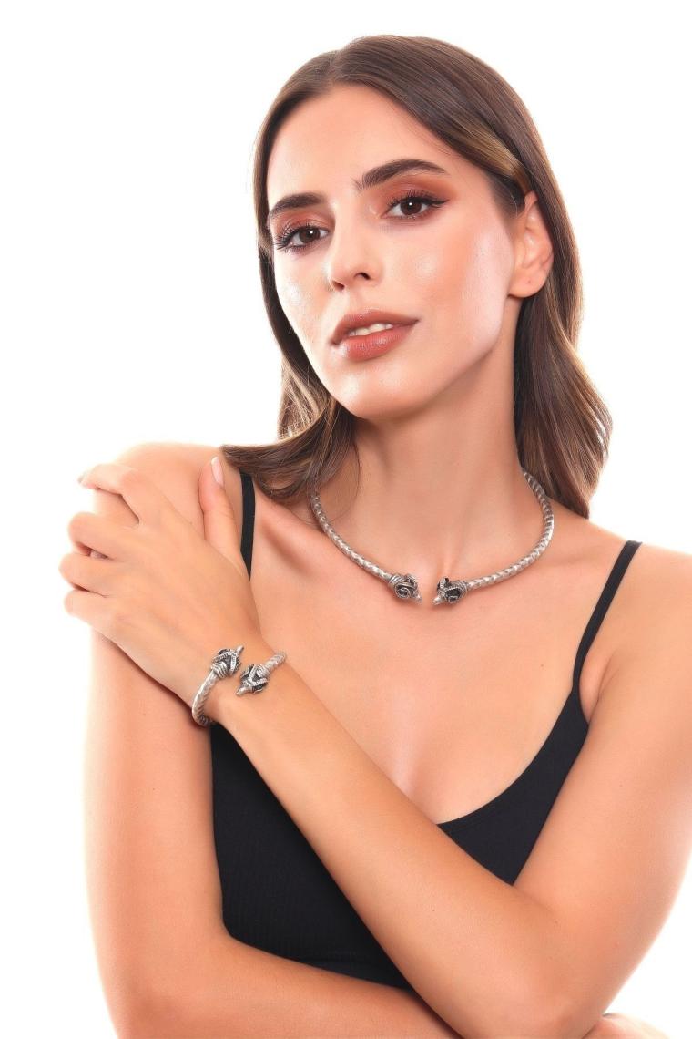 Labalaba Kadın Antik Gümüş Kaplama Koçbaşı Uçlu Choker & Bileklik Set