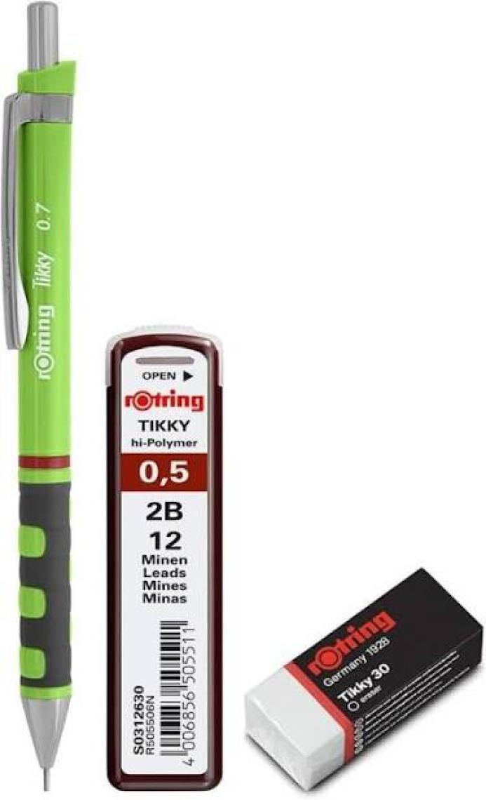 Rotring Tikky Okul Seti 0.7 mm Koyu Yeşil Versatil Kalem + Silgi + Uç