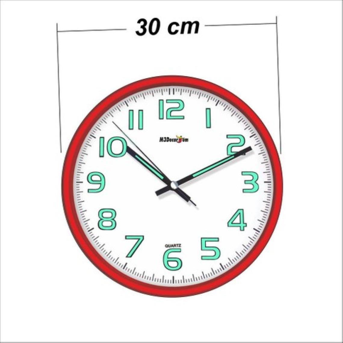 M3 Decorium Kırmızı Karanlıkta Okunabilen Fosforlu Duvar Saati 30 Cm