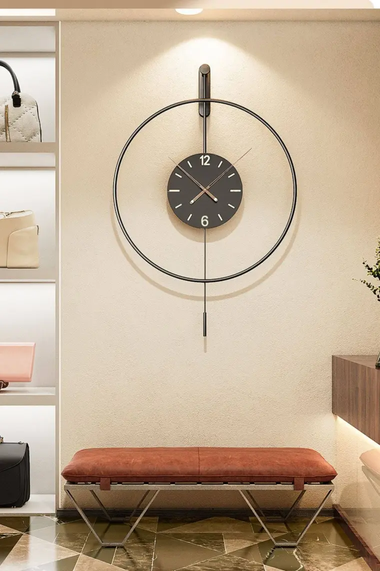 Izmir Elit Time 60 cm Siyah, Modern Dekoratif Sarkaçlı Metal Duvar Saati
