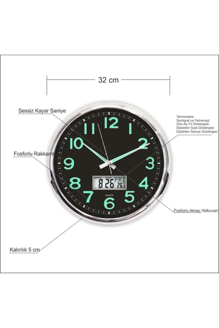 M3 Decorium Fosforlu Termometreli Dijitalli Siyah Zeminli 32CM Duvar Saati