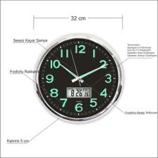 M3 Decorium Fosforlu Termometreli Dijitalli Siyah Zeminli 32CM Duvar Saati