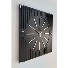 Asse Tasarım Özel Lüx  Çizgi Desenli Ayna Pleksi Dekoratif Siyah & Gümüş Kare Duvar Saati 50 x 50 cm