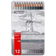 Metal Kutulu Dereceli-resim-yazım-teknik Çizim-karakalem Ve Eskiz Kalemi-drawing Pencil 12 Li Set