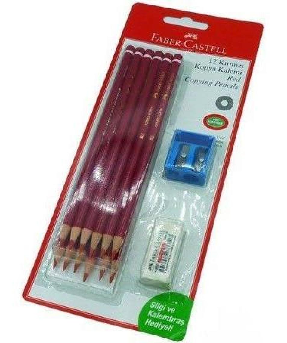 Faber-Castell Kırmızı Kopya Boya Kalemi 12'Li + Silgi + Kalemtıraş