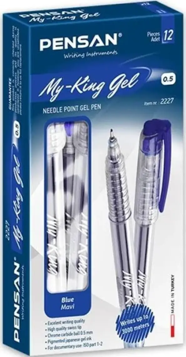 Pensan 6405 My King Gel 0.5 mm İğne Uç Metal Klips Kalem 12'li Mavi