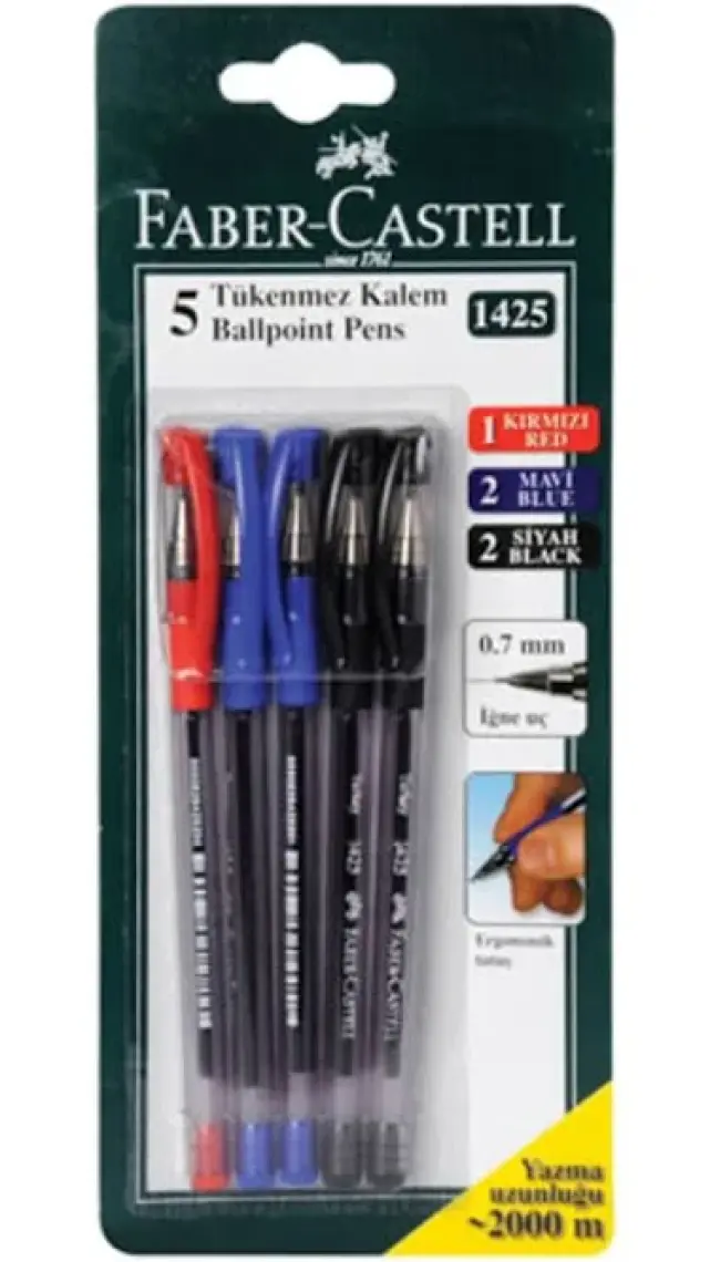 Faber-Castell Faber Castell 1425 5 Renk Tükenmez Kalem - 2 Siyah+2 Mavi+1 Kırmızı 5'li 5500142550