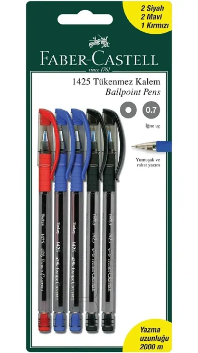 Faber-Castell Faber Castell 1425 5 Renk Tükenmez Kalem - 2 Siyah+2 Mavi+1 Kırmızı 5'li 5500142550