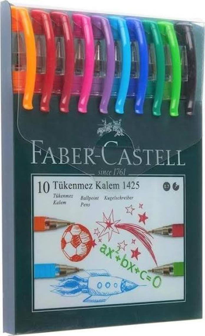 Faber-Castell 10'lu Tükenmez Kalem Seti - Karışık Renkler, 0,7 mm Uç, Ergonomik Tutuş, Şeffaf Gövde, Çizgili Desen