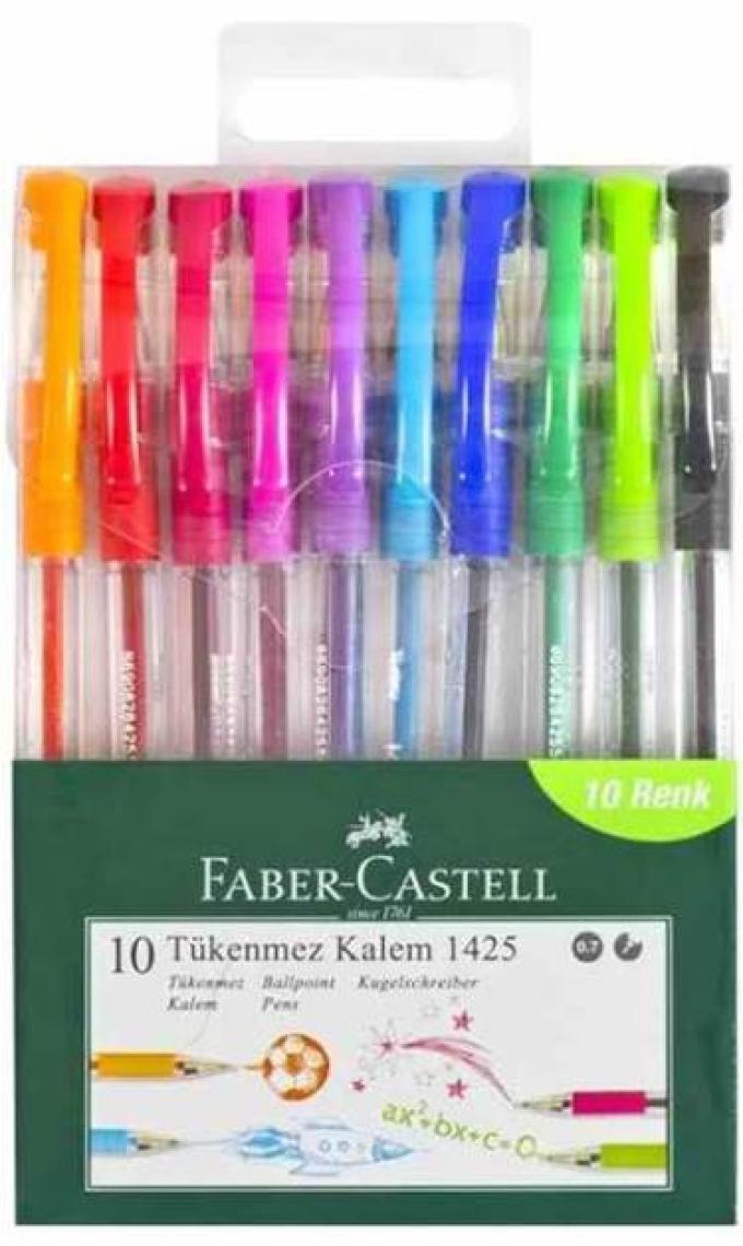 Faber-Castell 10'lu Tükenmez Kalem Seti - Karışık Renkler, 0,7 mm Uç, Ergonomik Tutuş, Şeffaf Gövde, Çizgili Desen