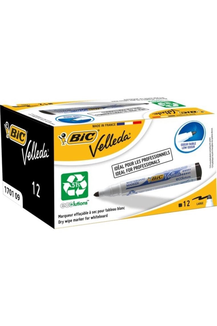 Bic Velleda 1701 Eco Yuvarlak Uçlu Beyaz Tahta Kalemi, Siyah 12'li Kutu