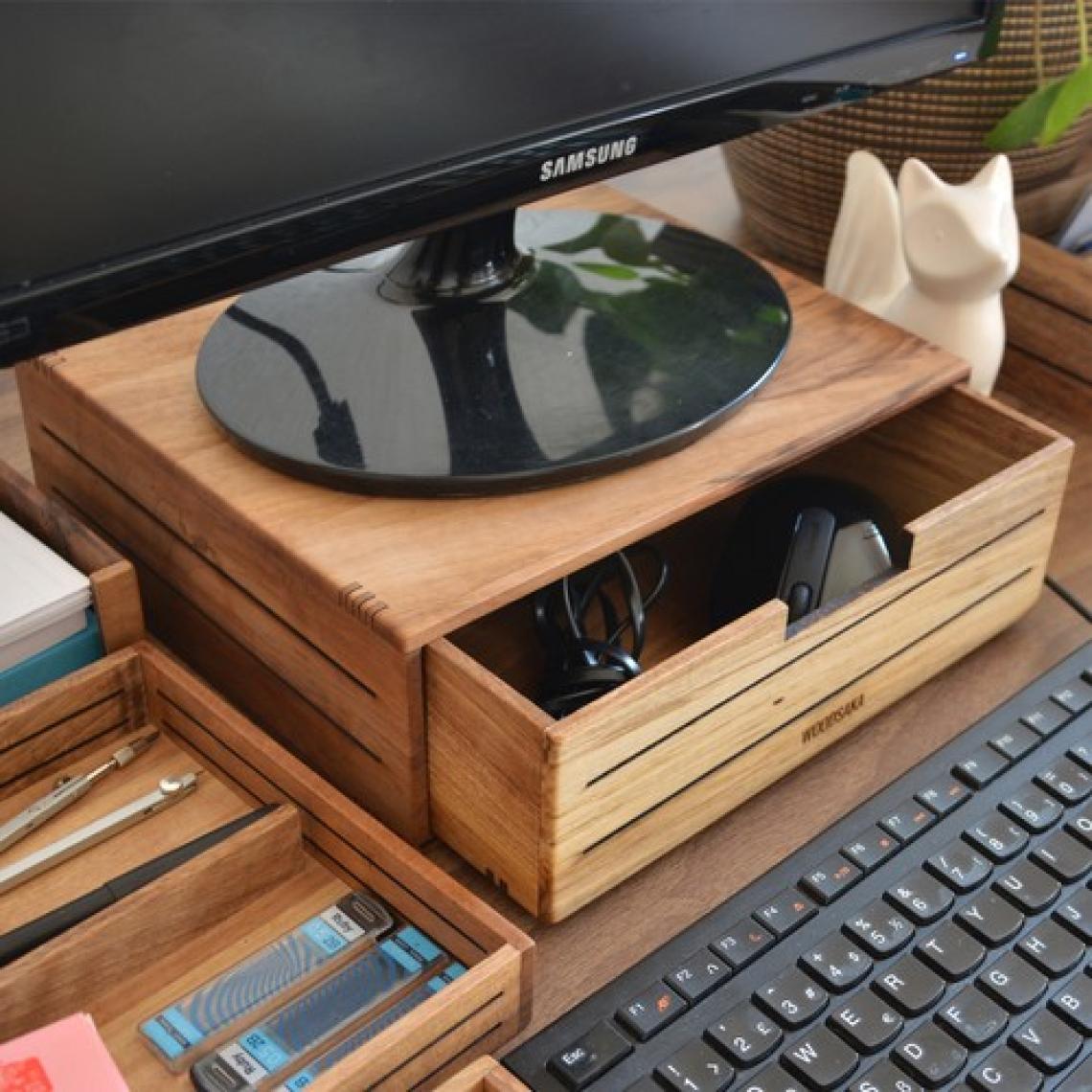 Woodsaka 3line Çekmeceli Monitör Stand & Araç-Gereç Saklama Kutusu - Büyük - Ceviz Ağacından