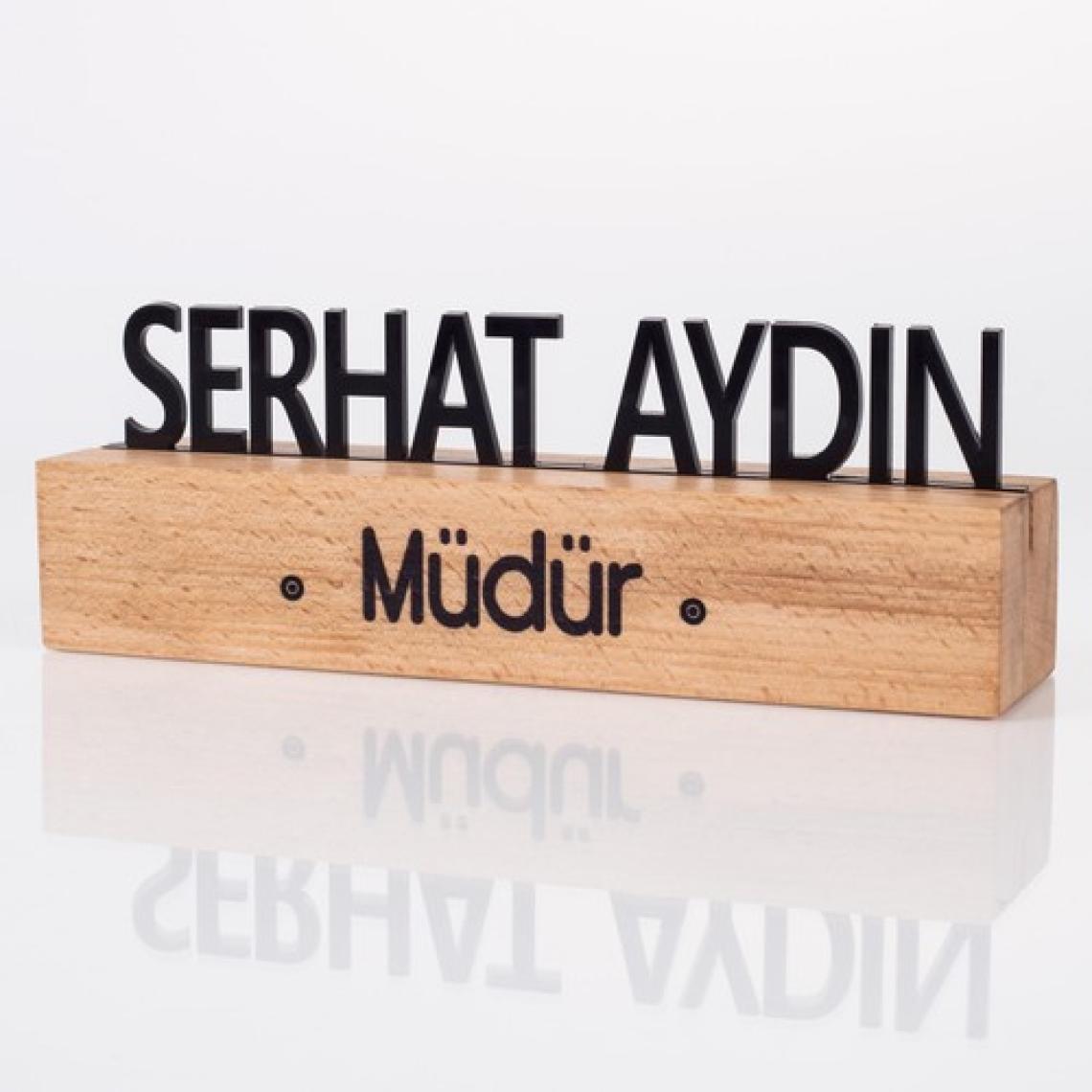 Ofistike Masif Kayın Ahşap Masaüstü Isimlik Standı Siyah Akrilik Masa Isimliği