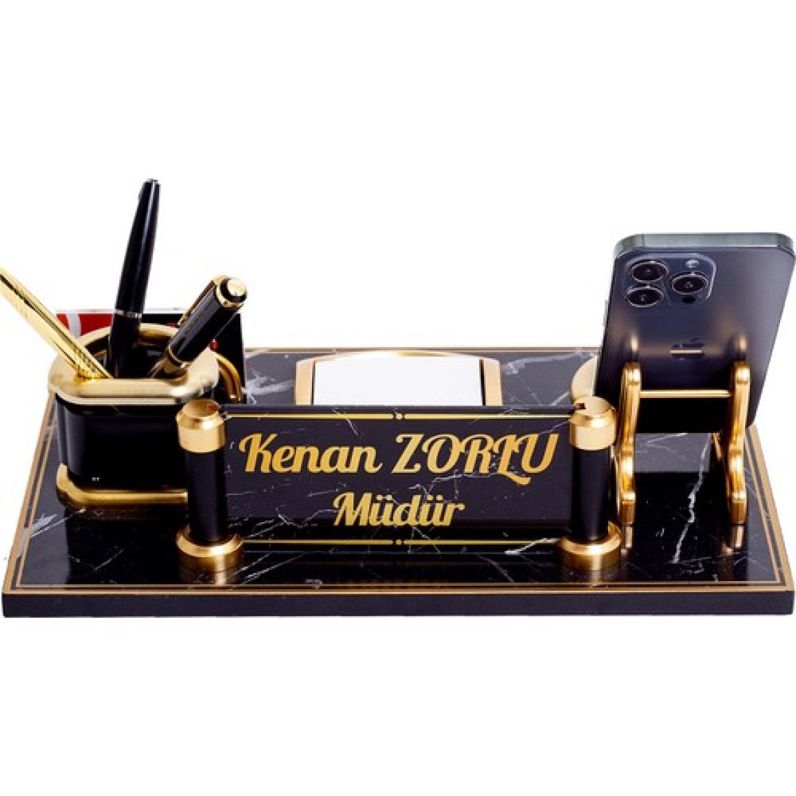 Merlin Mermer Desenli Ahşap Masa İsimliği Ofis Masaüstü İsimlik Seti Hediye