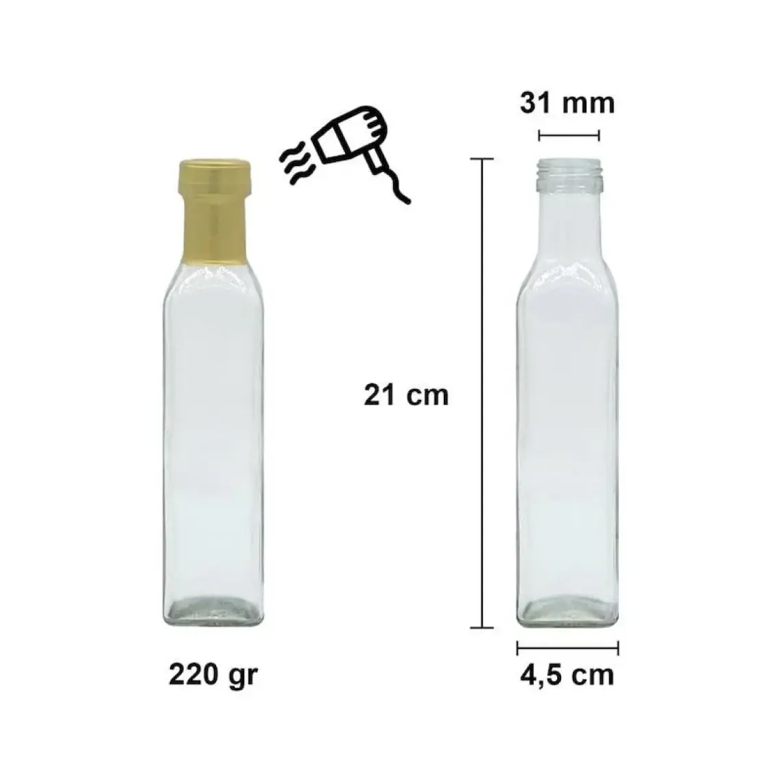 Afracam 250 cc Şeffaf Maraska Kilitli Kapaklı ve Kapüşonlu 250 ml Köşeli Cam Şişe 1 Adet