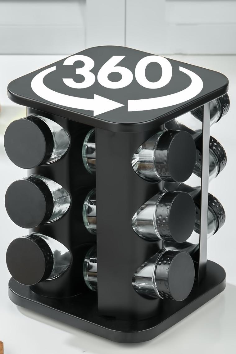 360 DÖNEBİLEN TEZGAH ÜSTÜ PASLANMAZ STANTLI CAM BAHARAT SETİ- 12 Lİ BAHARATLIK-12'Lİ SİYAH KARE