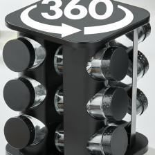 360 DÖNEBİLEN TEZGAH ÜSTÜ PASLANMAZ STANTLI CAM BAHARAT SETİ- 12 Lİ BAHARATLIK-12'Lİ SİYAH KARE