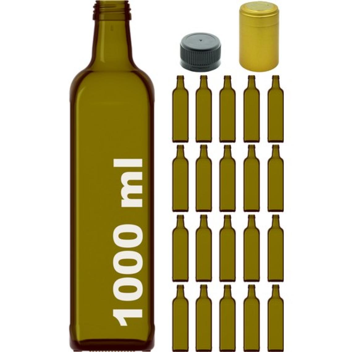 Afracam 1000 cc Yeşil Maraska Kilitli Kapaklı ve Kapüşonlu 1000 ml Köşeli Cam Şişe 20 Adet